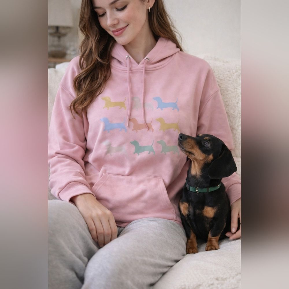 Pink Dachshund Dog Graphic Pullover Hoodie Sweatshirt S Cute Cozy Novelty Print